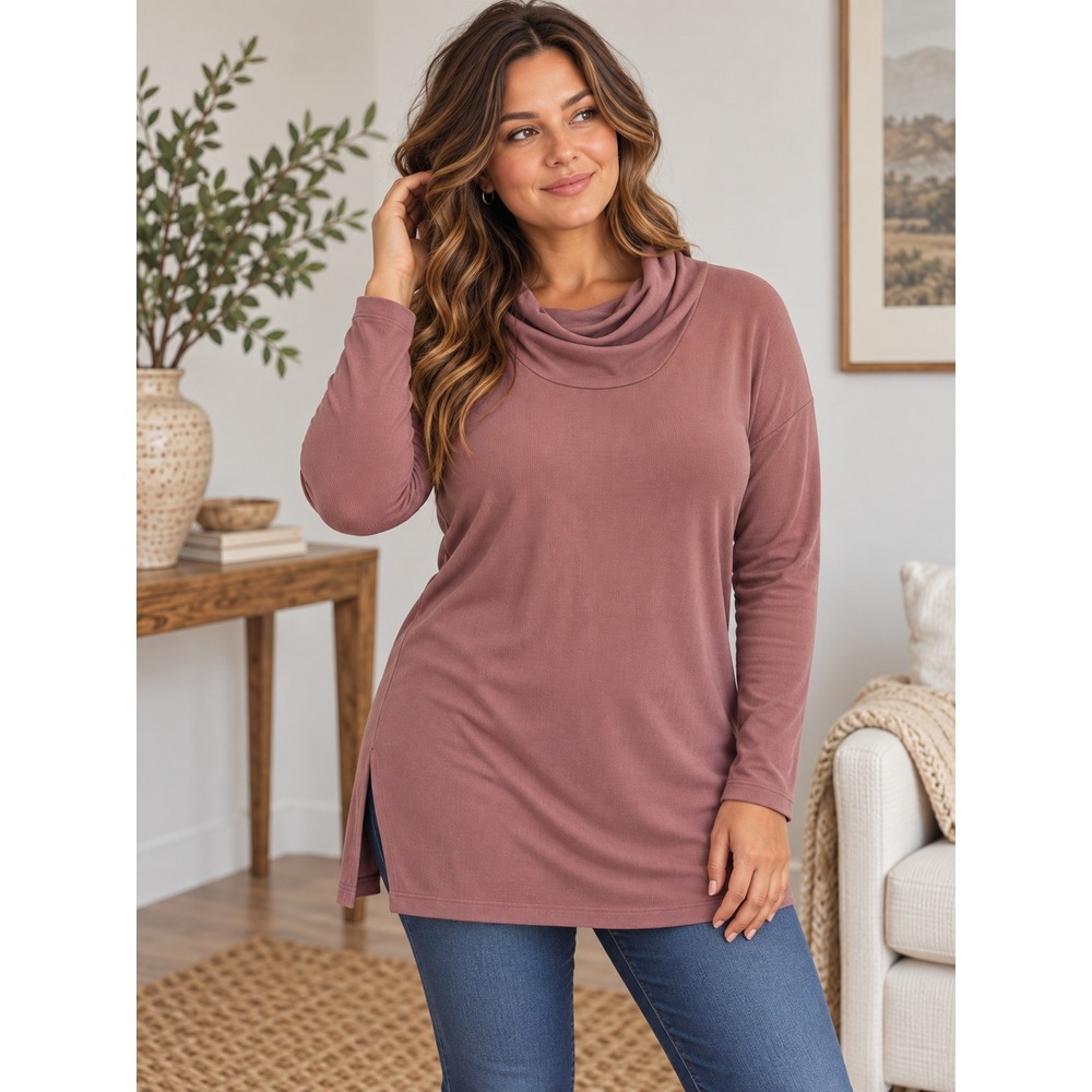 Pure Jill Ribbed Cowl Neck Tunic Womens 2X Mauve Pink Long Sleeve Tencel